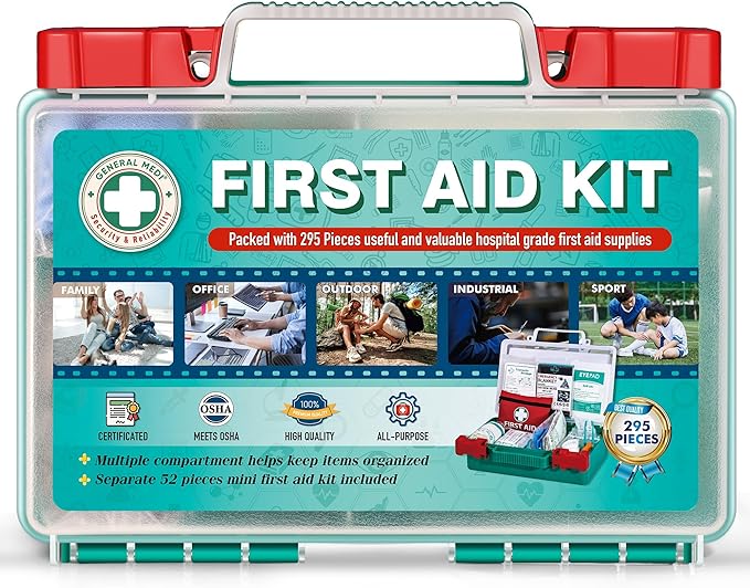 General Medi 295 Pieces Professional First Aid Kit - HardCase First Aid Box - Contains Premium Medical Supplies for Travel, H
