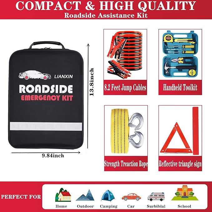 Roadside Emergency Car Kit-Safety Car Kit Car Emergency Kit with Jumper Cables Roadside Assistance Kit, Tow Rope, Safety Hamm
