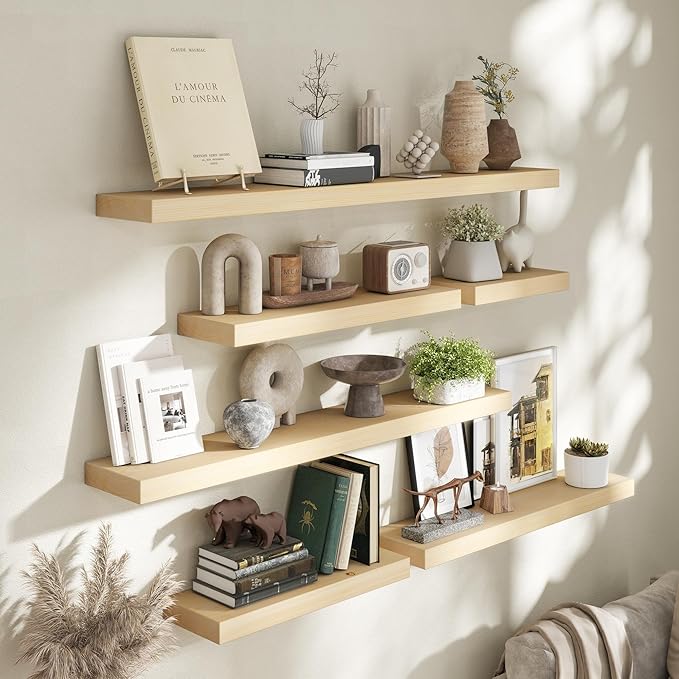 Marsmiles 30 Inch Floating Shelves for Wall - Natural Unfinished Wood Floating Shelves Set of 2-30 Inch Wide x 7.7 Inch Deep 