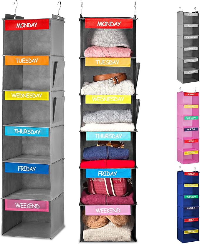 Handy Laundry Hanging Clothes Organizer for Kids - 6-Shelf Closet Daily Clothing Organization Labeled Shelves with Days of Th