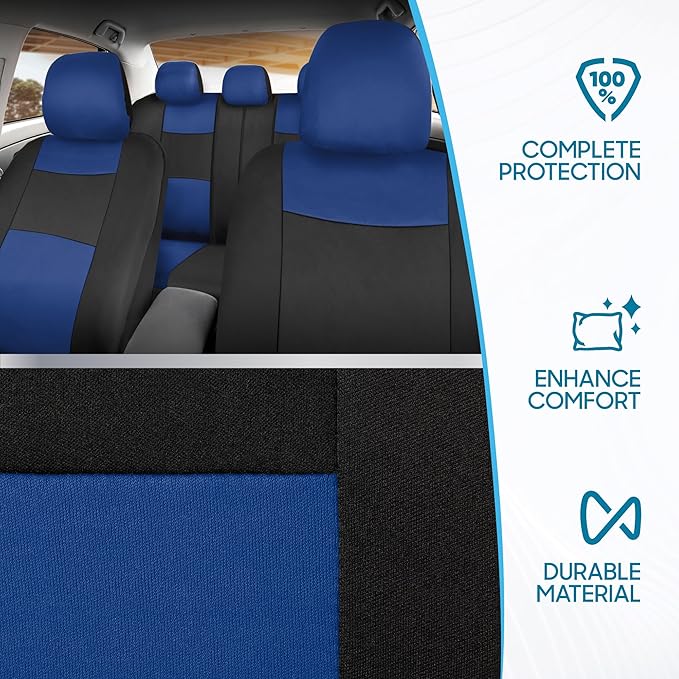 BDK PolyPro Car Seat Covers Full Set in Blue on Black, Front and Rear Split Bench Seat Covers for Cars, Easy to Install Car S