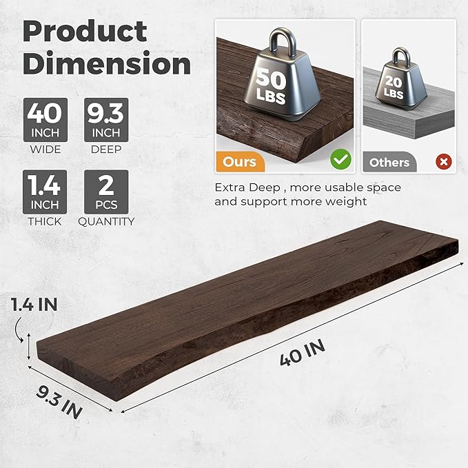 RICHFOCUS Live Edge Elm Floating Shelves - 40" W x 9.3" D Rustic Solid Wood Wall Shelves with Invisible Bracket, Wall-Mounted