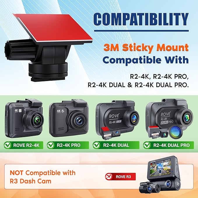 ROVE 3M Sticky Mount for R2-4K, R2-4K PRO, R2-4K Dual, and R2-4K Dual PRO Dash Cams | 1x 3M Adhesive Mount | 1x Spare 3M Sticky | 1x Electrostatic Film