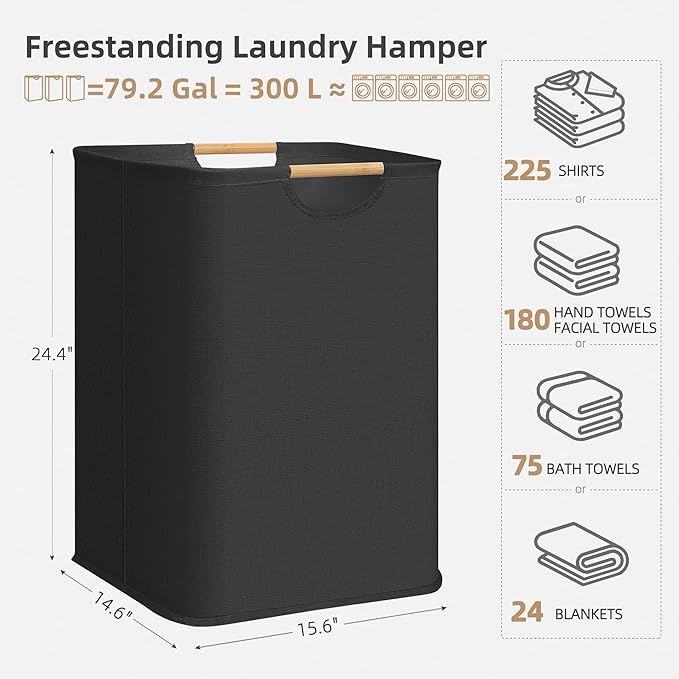 STORAGE MANIAC 3-Pack Large Laundry Hamper, 100L (26.4 Gal) Collapsible Laundry Basket with Bamboo Handles, Freestanding Wate