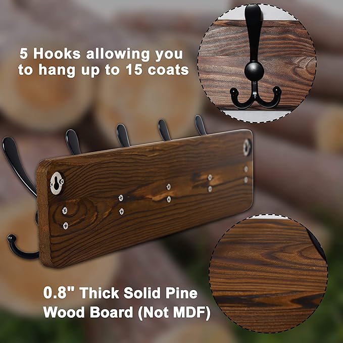 Dseap Coat Rack Wall Mounted - 24" Long 6 Tri Hooks, Heavy Duty Wooden Wall Coat Hanger Coat Hook for Clothes Hat Jacket Clot