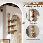 Hat Holder Rustic Wood Star Design – 2-Piece Organizer with Extra Wide Wooden Boards (12cm / 4.72"), 4-Hook Cowboy Hat Rack f