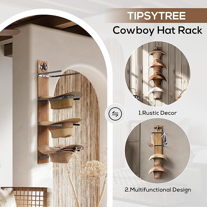 Hat Holder Rustic Wood Star Design – 2-Piece Organizer with Extra Wide Wooden Boards (12cm / 4.72"), 4-Hook Cowboy Hat Rack f