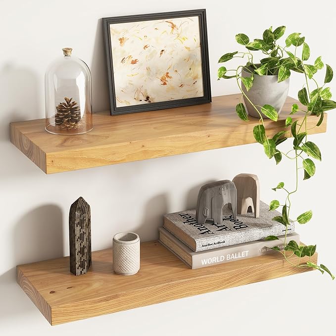 Elm Floating Shelves for Wall Decor, Rustic Solid Wood Shevles Wall Mounted with Invisible Bracket for Living Room Bathroom B