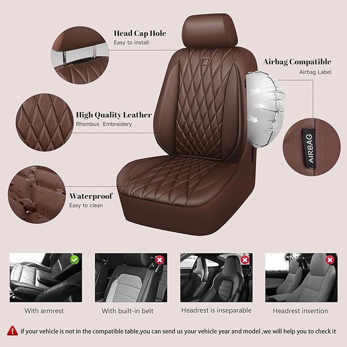 CAR PASS Piping Luxury Faux Leather Seat Covers Full Set, 5 Seats Anti-Slip Waterproof Seat Covers Compatible with Front Armr