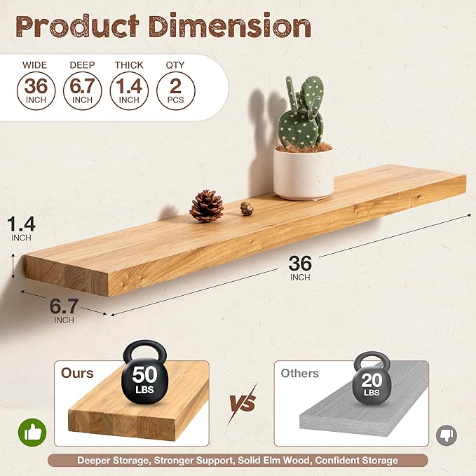 fuqing Floating Shelves for Wall, 36 inch Rustic Solid Elm Wood Floating Shelves, Wooden Wall Shelves with Invisible Heavy Du