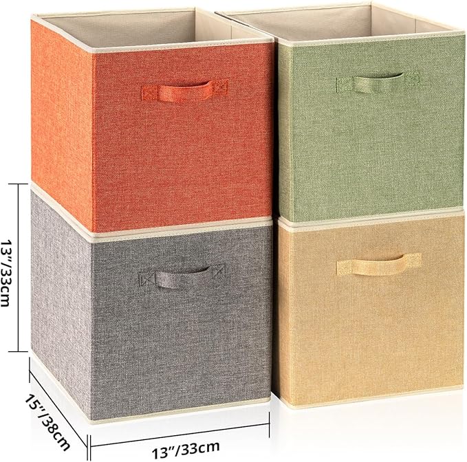 Storage Cube Organizer Bin 13" x 15" x 13" Large Boxes Fabric Basket with Handles for Organizing Shelves Closet Clothes 4 Col