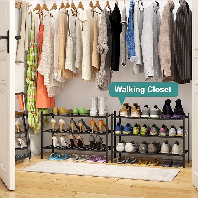 viewcare 3-Tier Black Bamboo Shoe Rack for Entryway, Stackable | Foldable | Natural, Shoe Shelf Storage Organizer for Hallway