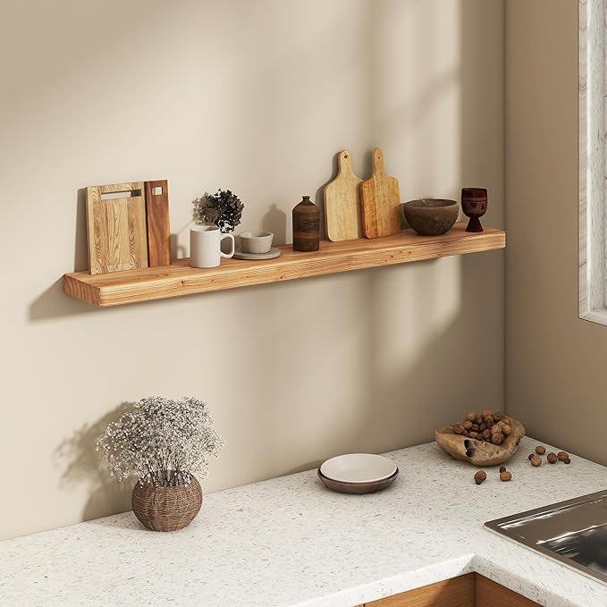 Fun Memories 48 Inch Floating Shelves for Wall, Solid Elm Wood Wall Shelf for Home Decor, Heavy-Duty Hardwood Floating Shelf 