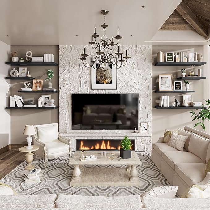 Heimlove 48W x 12D Long Floating Shelf, 12 Inch Deep Black Floating Shelves for Wall Set of 2, Wood Shelves for Bedroom Livin