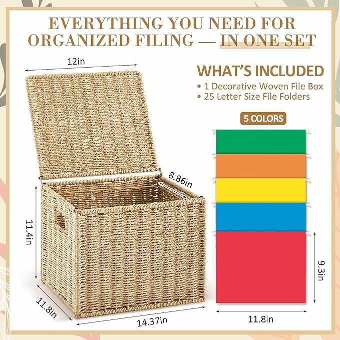 Jingmore Paper Rope File Box Organizer with 25 Hanging File Folders, Collapsible Letter Size Filing Storage Box with Lid, Han