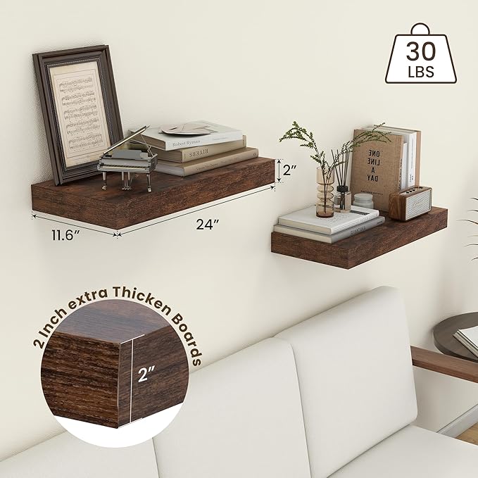 Deep Floating Shelves | 24 Inch Brown Floating Shelves Set of 2 | 12 Inch Deep Rustic Wood Shelves for Wall | 24" W x 12" D B
