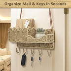 Hook Woven Rattan Key Holder & Mail Organizer, Scalloped Wave Design Decorative Wall Mount for Entryway, Living Room & Hallwa