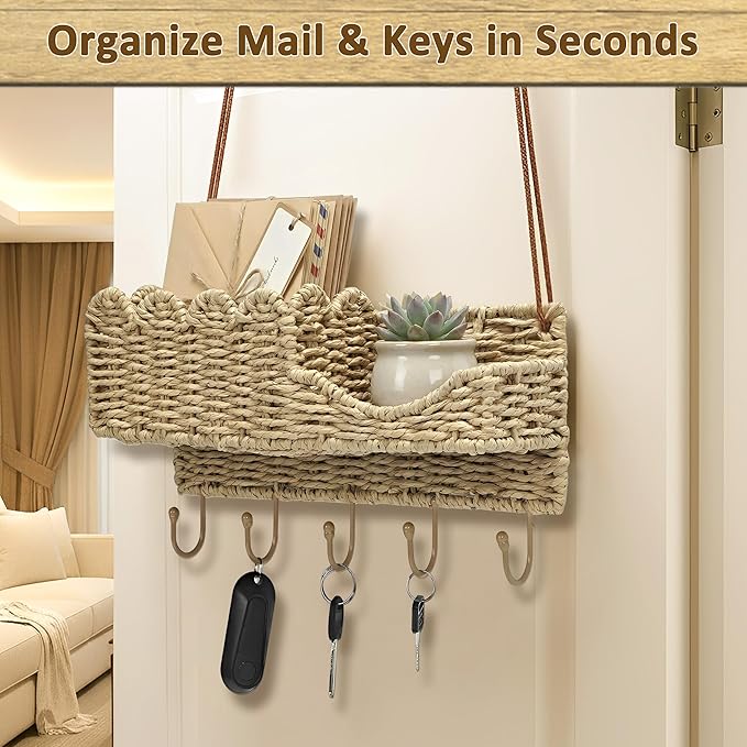 Hook Woven Rattan Key Holder & Mail Organizer, Scalloped Wave Design Decorative Wall Mount for Entryway, Living Room & Hallwa