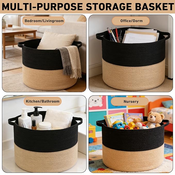90L Large Blanket Basket, 21.7"x 21.7"x 13.8" Rope Woven Storage Basket with Handles, Laundry Hamper for Toys, Clothes, Pillo