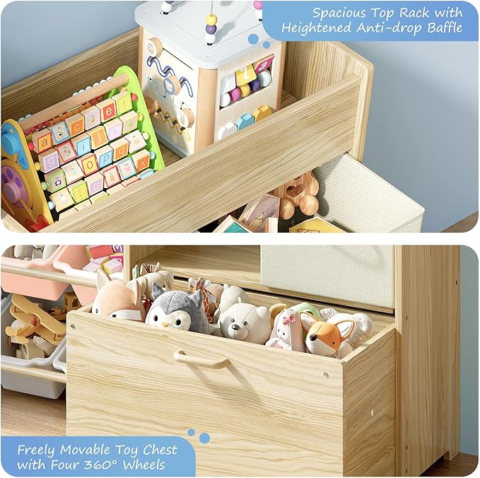 EXPERLAM Toy Storage Organizer for Kids, 9-Bin Toy Organizer with 2-Drawers,Movable Toy Chest and Top Rack, Kids Bookshelf an