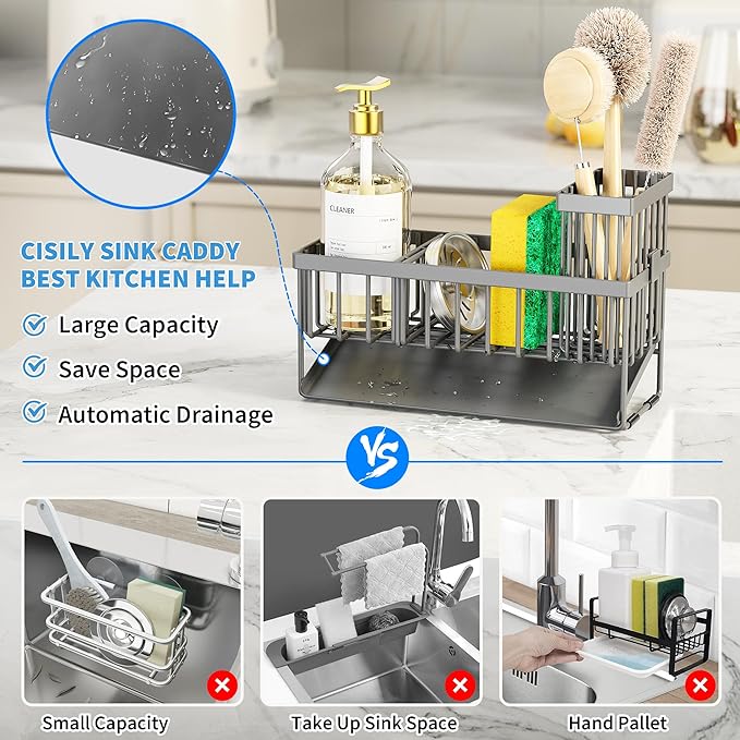 Cisily Sink Caddy Organzier with High Brush Holder, Sponge Holder for Sink, 304 Rustproof Stainless, Kitchen Countertop Soap 