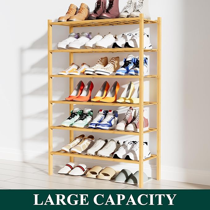 Smiry Shoe Rack, 6 Tier Bamboo Shoe Organizer, Stackable Free Standing Wooden Shoe Storage Shelf for Closet, Entryway, Front 