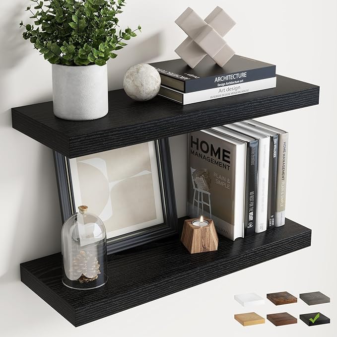 24 Inch Floating Shelves for Wall Set of 2, 8"D Wood Grain Bathroom Shelves with Invisible Brackets, Easy Install Engineered 