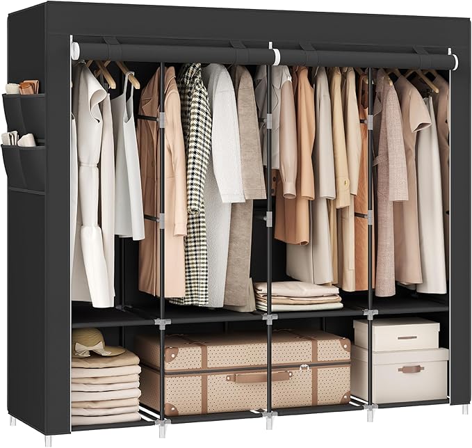 SONGMICS Portable Closet, Wardrobe Closet Organizer with Cover, 4 Hanging Rods and Shelves, 4 Side Pockets, 17.7 x 66.9 x 65.