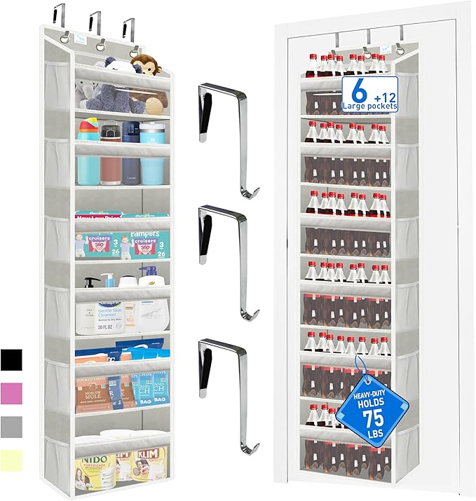 over the door organizer, Solid Bamboo Board (Not Plastic!) 6-Tier Heavy Duty 75LB, 12 Side Pockets, 3 Reinforced Hooks & Anti