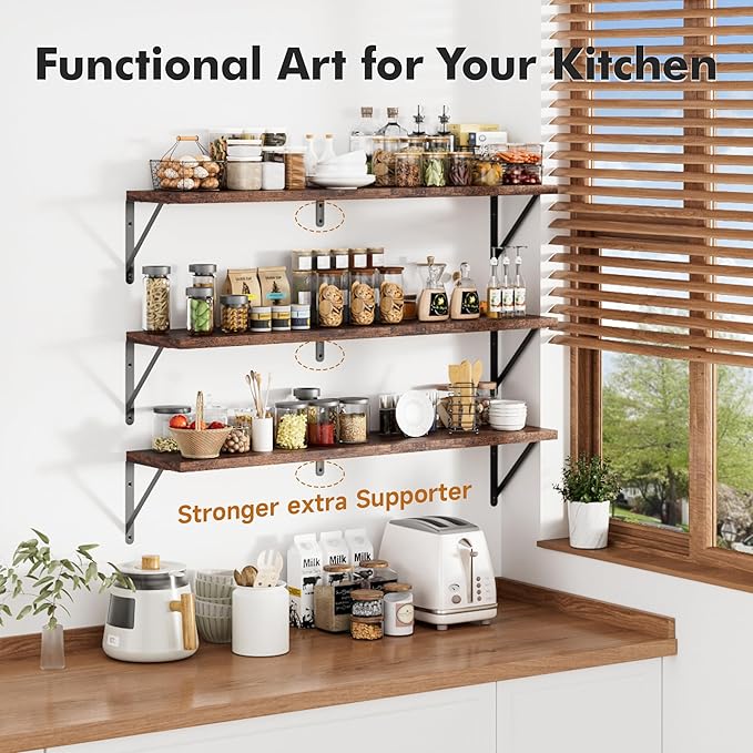 Floating Shelves for Wall, 36W x 8D Wide Bookshelf with Brackets Set of 3, Wood Wall Mounted Shelves for Living Room, Kitchen