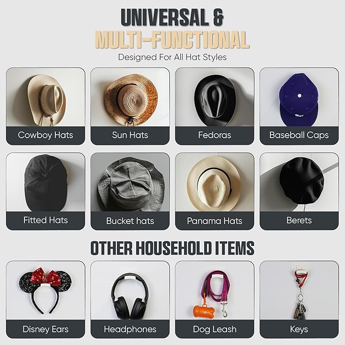 Modern JP Adhesive Hat Hooks for Wall (10-Pack) - Cowboy Hat Rack, Wide Brim Hat Organizer, Strong Hold Hat Hangers for Wall 