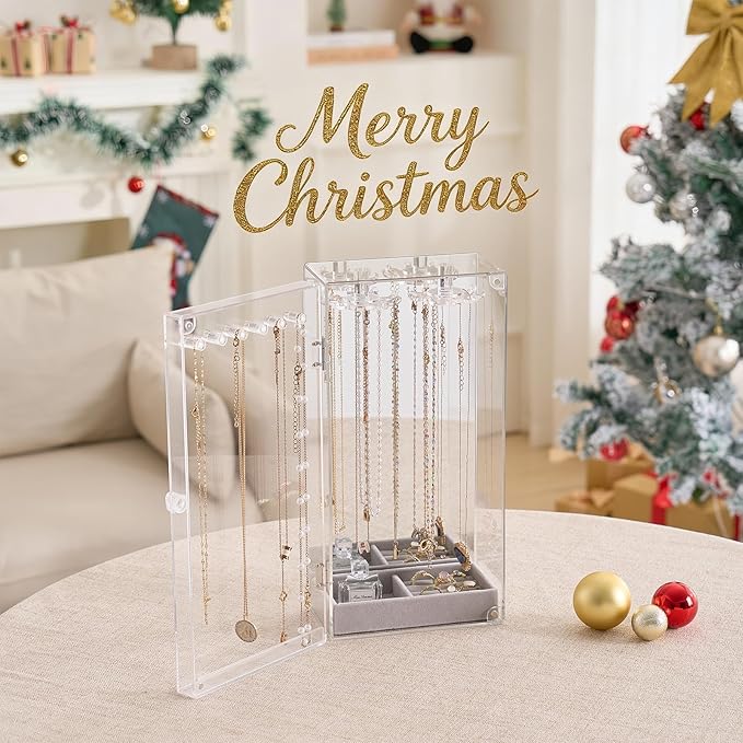 Lolalet Necklace Holder Organizer, Acrylic Jewelry Organizer with 24 Hooks, Rotating Clear Necklaces Display Box with Built-i