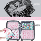 6 Pcs Compression Packing Cubes Waterproof Suitcase Travel Bag Luggage Backpack Organizer Travel Cubes for Packing-Flamingo