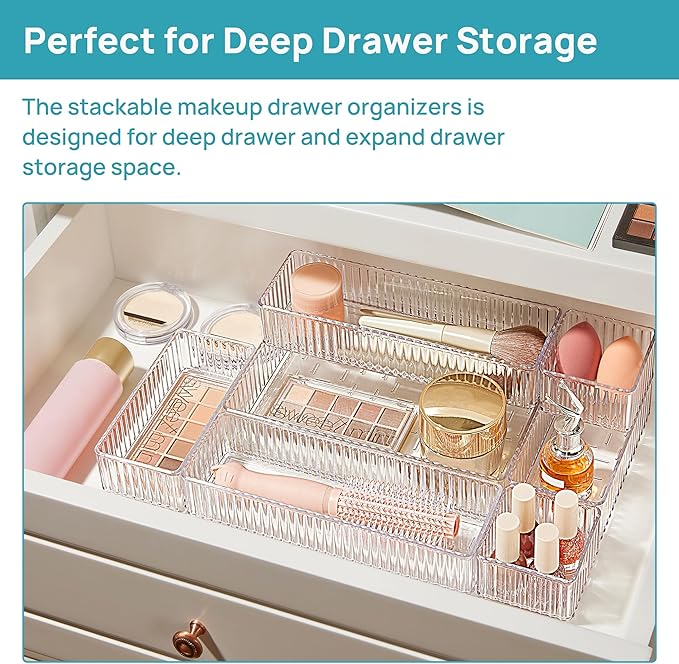 Vtopmart 7 PCS Clear Drawer Organizers Bins, 4-Size Stackable Makeup and Vanity Drawer Organizer Trays, Acrylic Bathroom Draw
