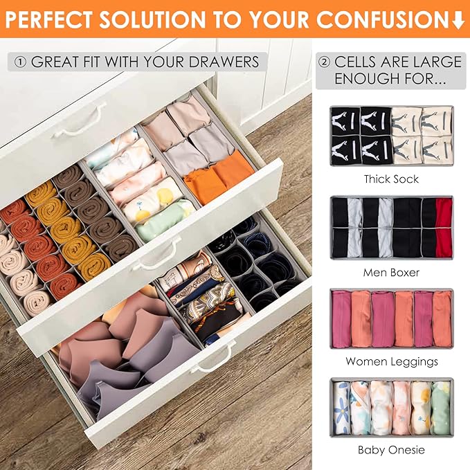 Criusia 6 Pack Sock Underwear Drawer Organizer Dividers, 58 Cell Foldable Fabric Dresser Closet Organizers and Storage Bins f