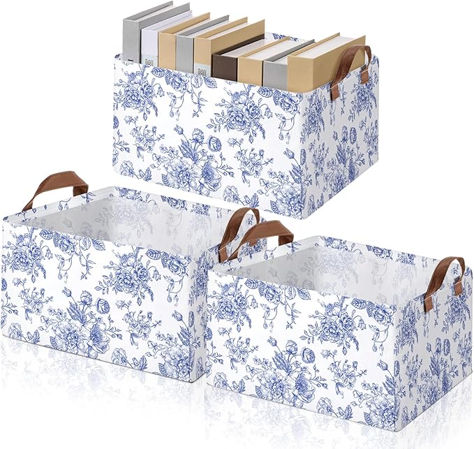 Boao 3 Pcs Blue Floral Storage Bin Wildflowers Collapsible Large Storage Baskets for Gifts Canvas Laundry Basket Foldable Box