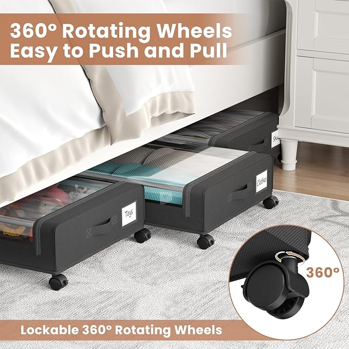 Under Bed Storage Containers with Clear Lid, Large Under Bed Storage with Wheels,6.22"H Under Bed Containers Rolling Under Be