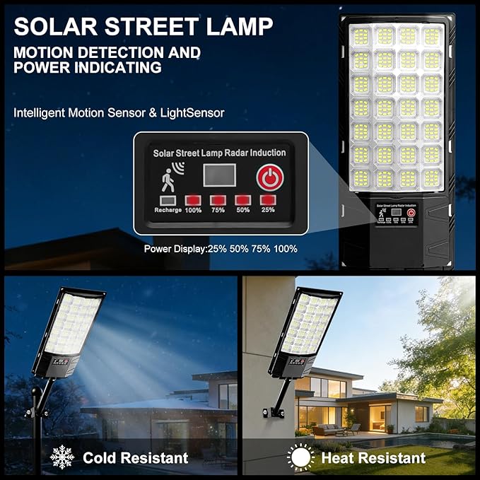 Solar Street Lights, Outdoor Flood Light, Dusk to Dawn, 6500k Dimmable Security Lamps with Remote Control, IP66 Waterproof Solar Powered Parking Lot Lights