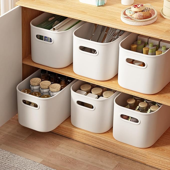6 Pack White Storage Bins with Lids Stackable Storage Container for Organizing, Small Storage Boxes with Handle for Shelves, 
