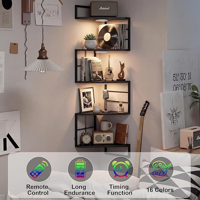 Corner Floating Shelves with Lights - 5 Tiers Corner Shelf Wall Mounted, Bookshelf with LED Light, Floating Shelves for Wall,