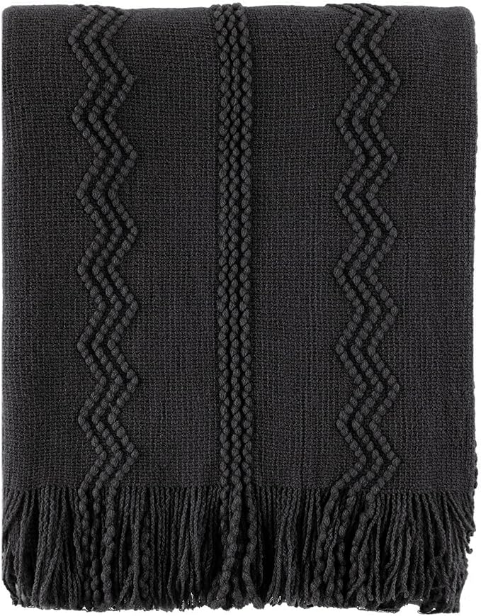 BATTILO HOME Black Throw Blanket with Fringe, Bed Throws for Home Decor, Decorative Black Knit Throw for Couch Sofa, 50"x60"