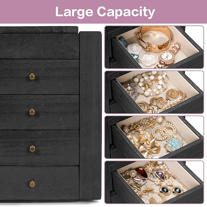 Meangood Jewelry Box Wood for Women, 5-Layer Large Organizer Box with Mirror & 4 Drawers for Rings, Earrings, Necklaces, Blac