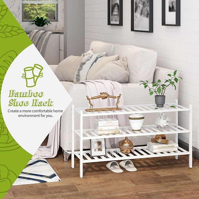 BMOSU 3-Tier Bamboo Extended Shoe Rack Premium Stackable Shoe Shelf Storage Organizer for Hallway Closet Living Room Entryway