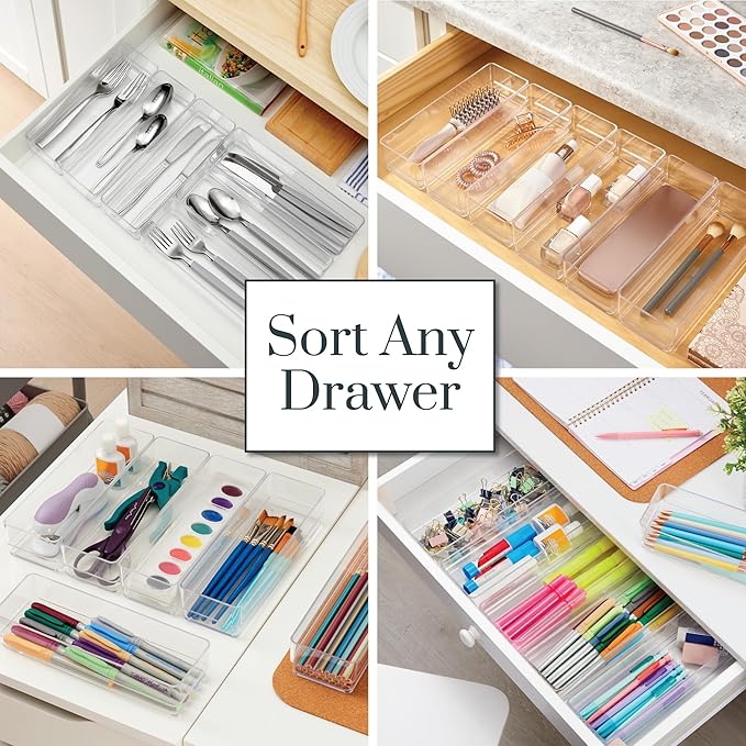 STORi SimpleSort 6-Piece Stackable Clear Drawer Organizer Set | 9" x 3" x 2" Rectangle Trays | Narrow Makeup Vanity Storage B