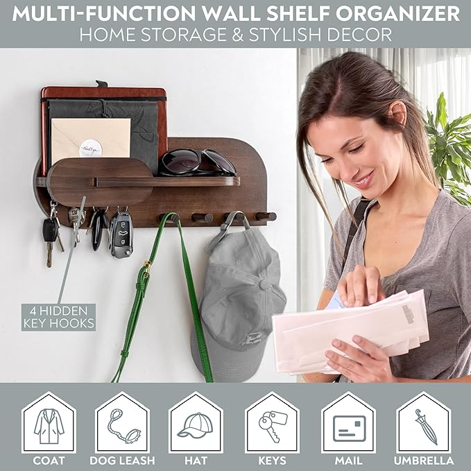 Solid Wood Mail and Key Holder for Wall Decorative Display - Includes Mail Holder, Shelf with Hooks for Keys & Pegs for Hangi