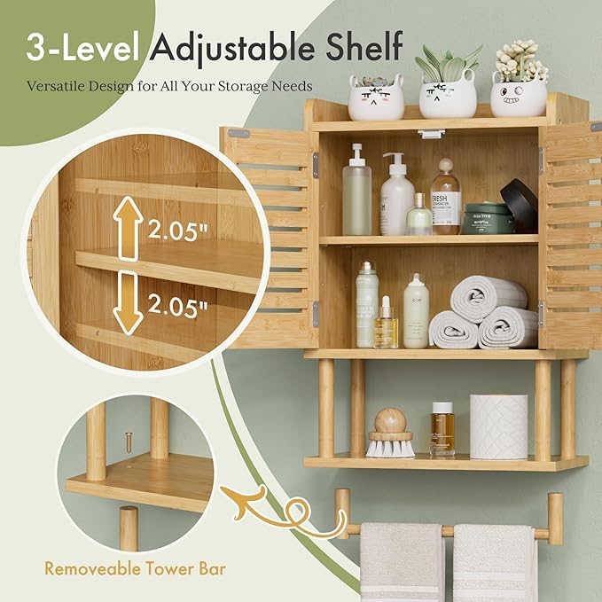AmazerBath Bathroom Wall Cabinet, Bamboo Over The Toilet Storage Cabinet, Hanging Medicine Cabinets with Towel Bar, Wall Moun