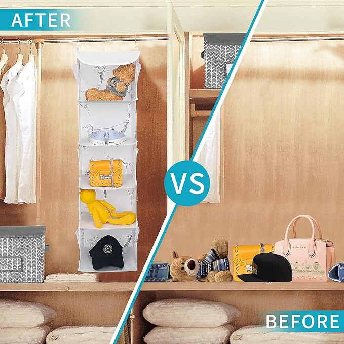 BrilliantJo 5 Shelves Hanging Closet Organizer, 2 Pack Hanging Storage with 6 Side Pockets for Clothes Shoes, 43"x12"x12"(Mar