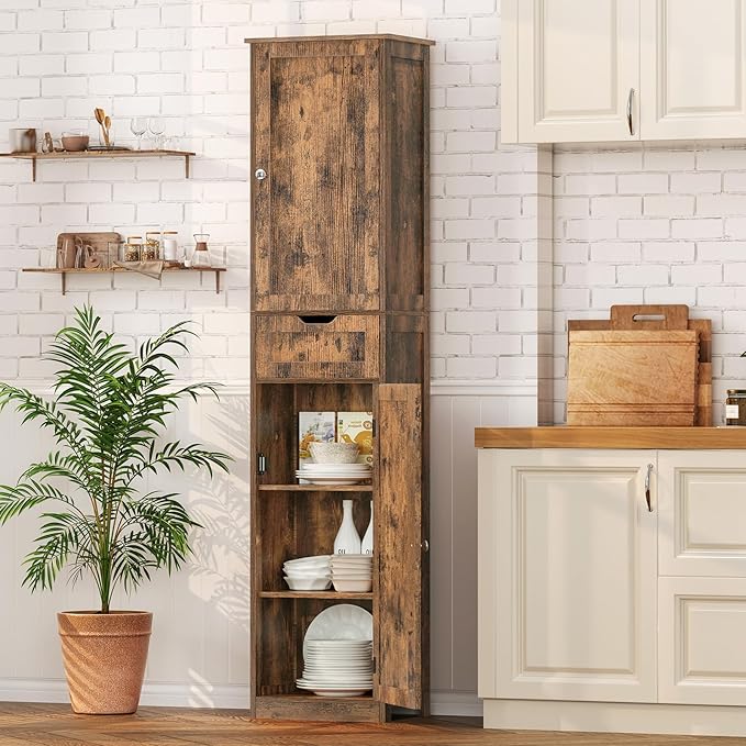 Iwell 67" Tall Storage Cabinet, Bathroom Cabinet with Drawer & Adjustable Shelves, Narrow Storage Cabinet, Floor Cabinet for 