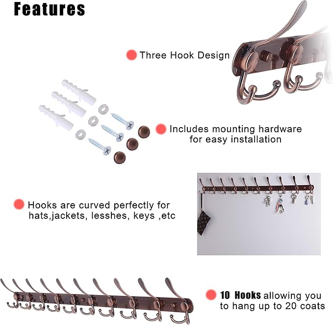 Dseap Coat Rack Wall Mount - 38” Long 10-Tri-Hooks Heavy Duty Coat Hanger Rail Wall Hooks for Hanging Coats Hats Clothing Clo