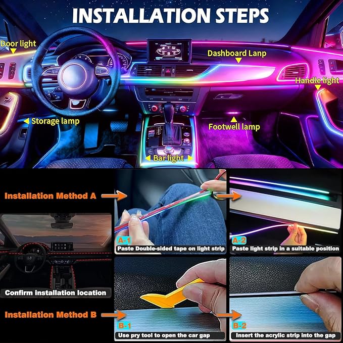 Interior Car LED Strip Lights, Acrylic LED Lights for Car with Dynamic Dreamcolor Chasing, 10 in 1 175 inches 593 LEDs Ambient Lighting Kits Music Sync Wireless APP and Remote Control